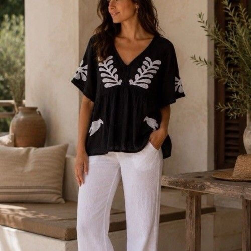 CALYPSO ST BARTH Black Cotton Medium Embroidered Peasant Boho Blouse Top